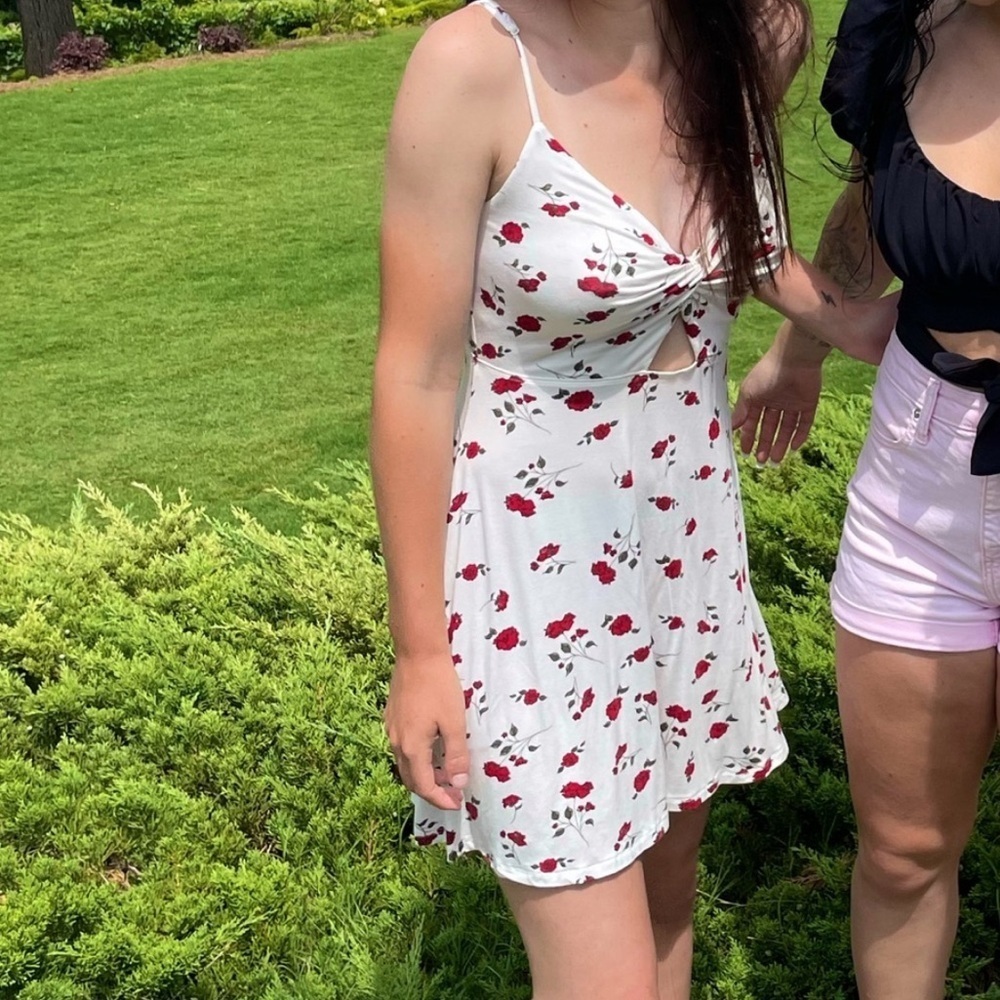 GARAGE White and Red Floral Print Cut Out Dress